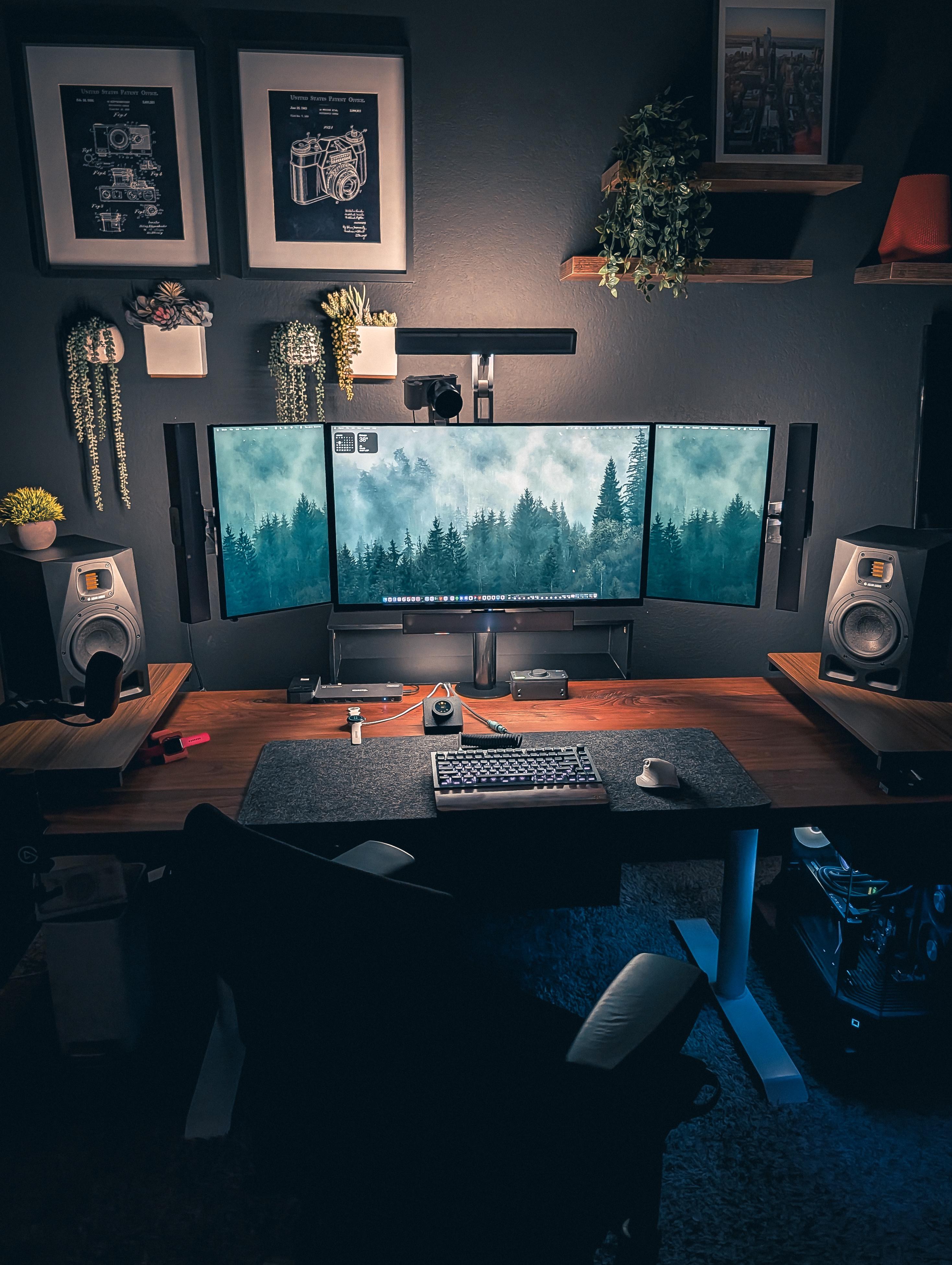 A dark grey room with three screens on one arm above a walnut desk, a portrait screen either side of a wide middle one, black light bars beside them, framed camera patent prints and hanging plants on the wall, and a studio monitor on a wooden shelf at each side.